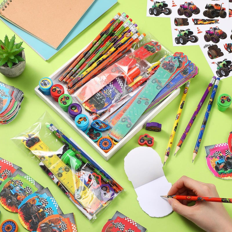 Cholemy 168 Pcs Monster Truck Party Favors Truck Party Supplies Monster Truck Stationery Set Notebook Sticker Stamper Eraser Ruler Pencil Bag for Truck Baby Shower Birthday Party Gift Classroom Prize - Image 4